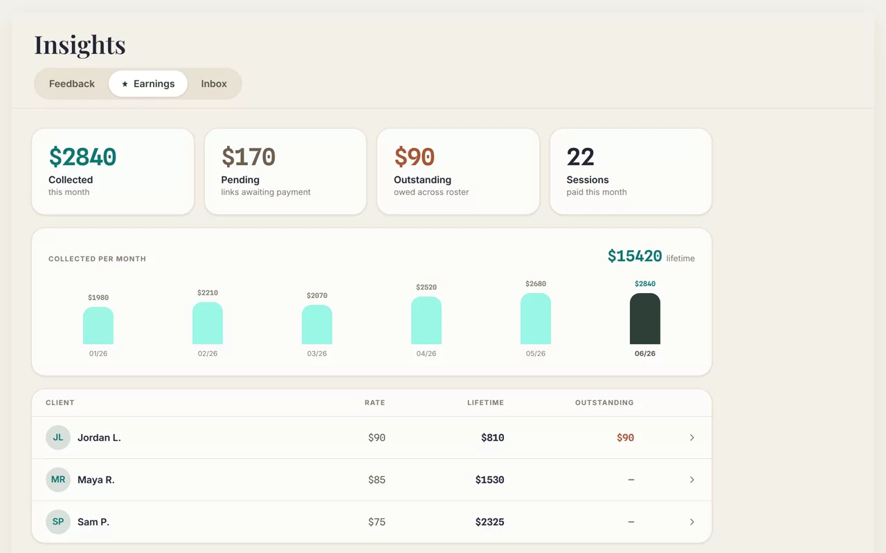 Earnings — collected, pending and per-client
